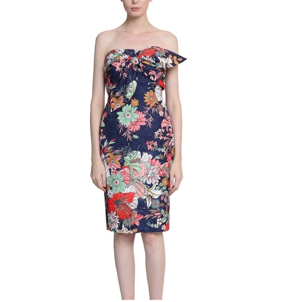 Blue and Pink Ruffled Strapless Sheath Dress